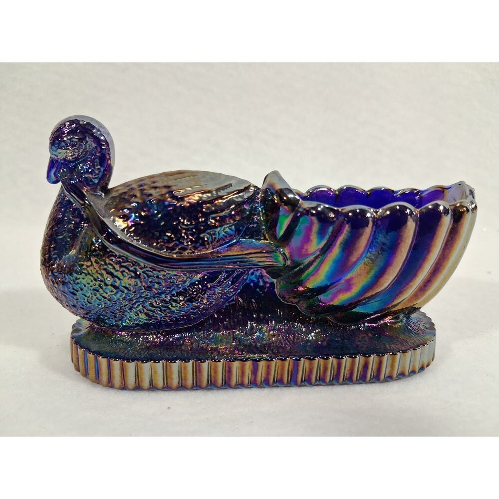 St. Clair Blue & Amethyst Carnival Glass Swan Pulling Shell Open Salt toothpick